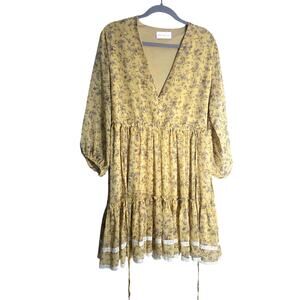 Wisteria Lane Yellow Floral Dress Womens Large Cottagecore Boho Whimsy Mini